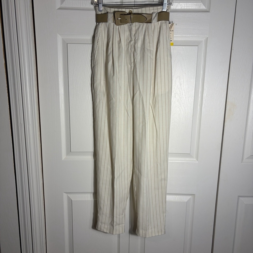 Vintage 90s Norton McNaughton Pants Women 6 Beige Striped‎ Baggy Tapered Belted
